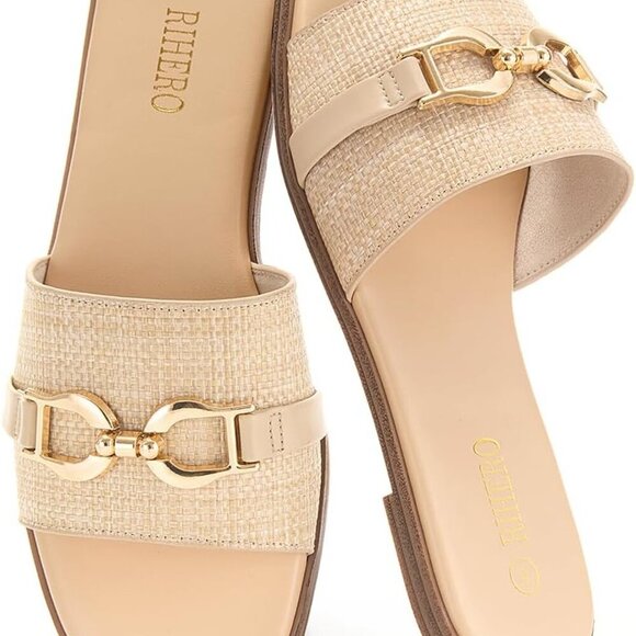 Women's Flat Sandals Leather Open Toe Square Toe Slip On Summer Comfort - Picture 5 of 7